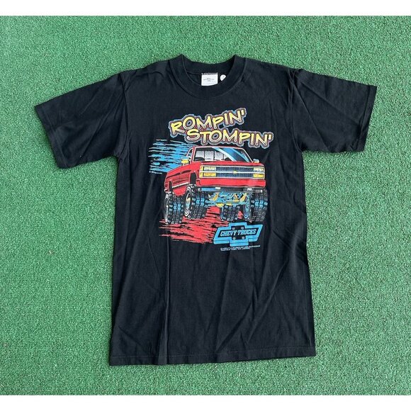Vintage Rompin Stompin Chevy Trucks Mens Black Graphic Tee Shirt Sz S - Picture 1 of 8